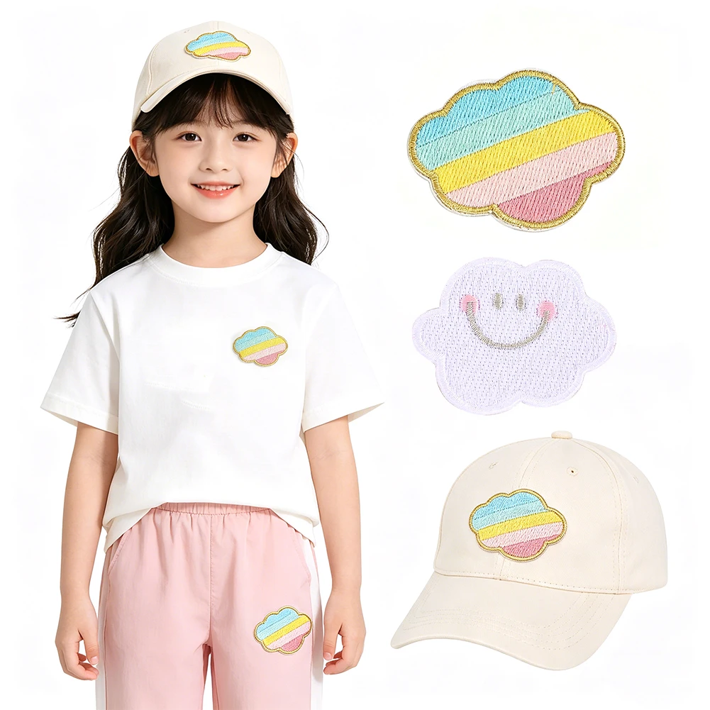 Cute Cloud Embroidery Patches Iron on Rainbow Smiley Cloud Appliques for Kids Clothing Backpack Bag DIY Sewing Decoration