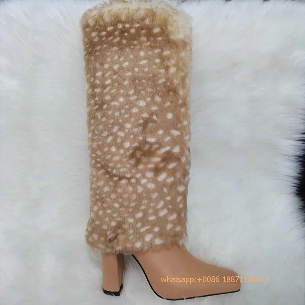 Autumn Winter Fashion Women's Plush Boots 2024 New Square Street Model Sexy Knee-High Boots Stiletto Party Warm Plush Snow Boot