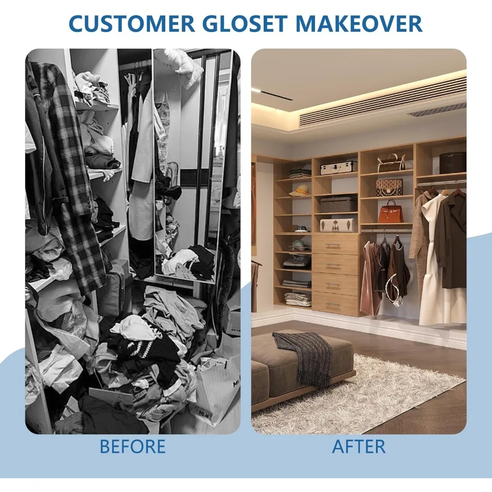 Sistema modular de organizador de armário de madeira para soluções de armazenamento walk-in, armazenamento eficiente de roupas em unidade de torre curta de 4 gavetas