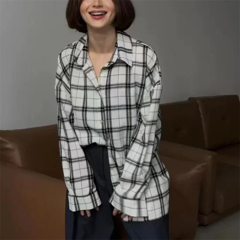 Autumn Elegant Gingham Print Women Commuter Shirt Lapel Single-breasted Cardigan Loose Blouse Female Double Pocket Patchwor Tops