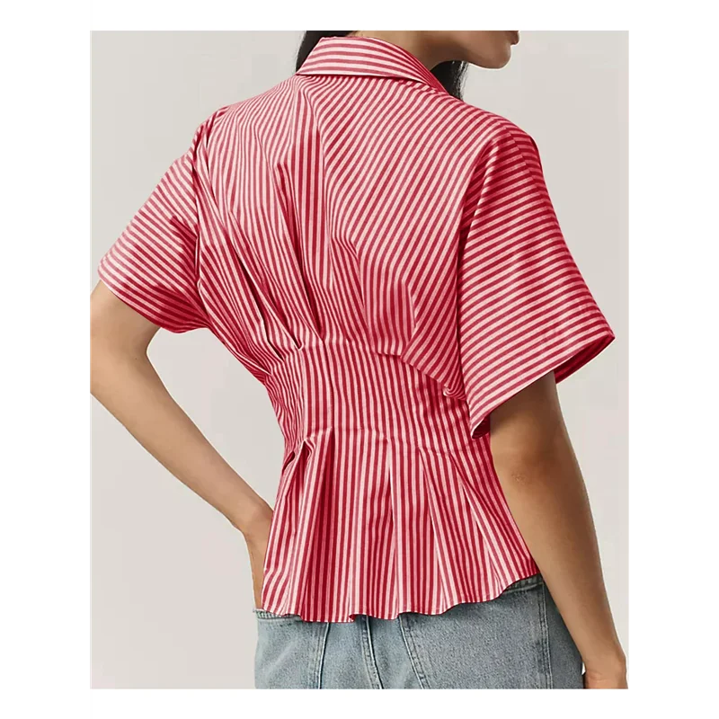 

Полосатые рубашки на пуговицах для женщин, плиссированная корсетная блузка с короткими рукавами, повседневная летняя блузка