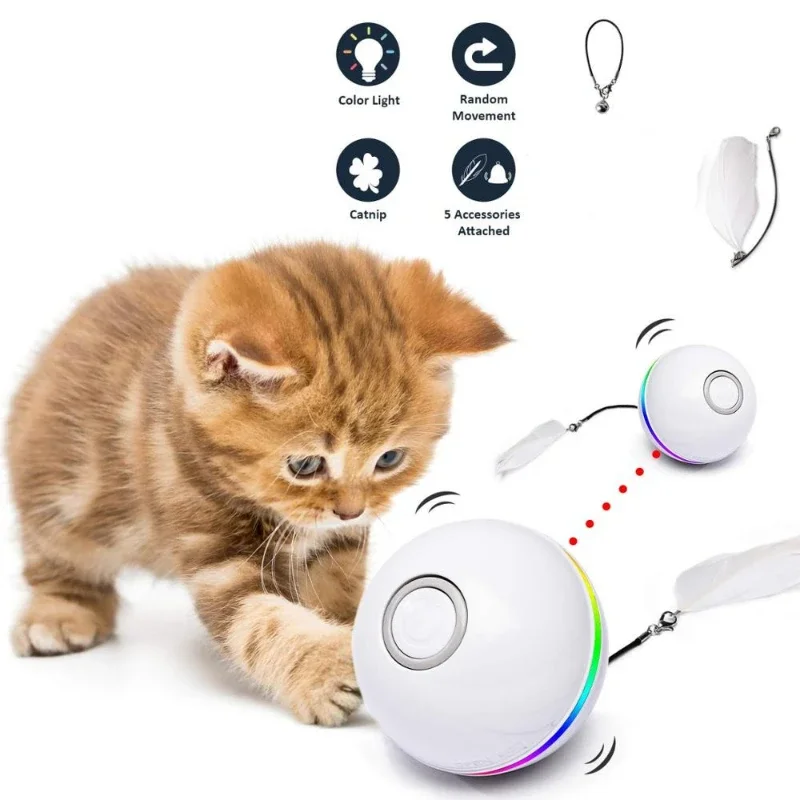 Automatic Smart Cat Toys Ball with Feather Bell Interactive Catnip USB Rechargeable Self Rotating Colorful Led Toys For Kitten