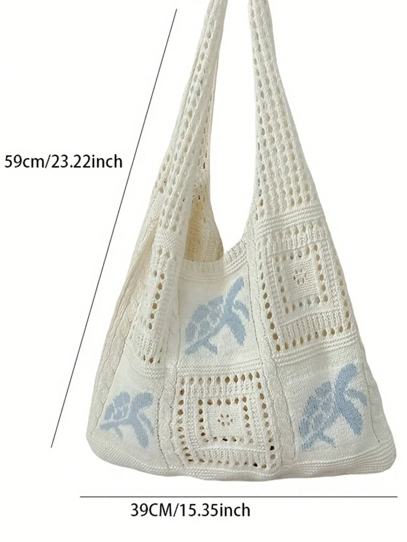 

Beige Crochet Open-Top Tote Bag Featuring Sea Turtle Motifs, Spacious Boho Style For Beach, Travel And Daily Use
