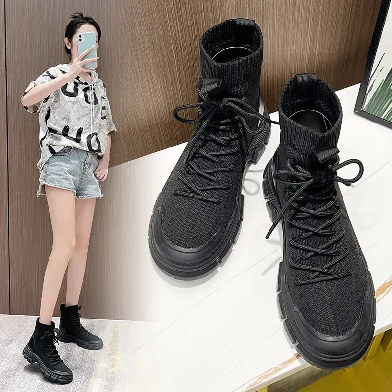 Women's Hiking Shoes, British Style Fashionable Casual Sports Boots Breathable Fly Woven Socks Shoes, Women's Camping Shoes 2025