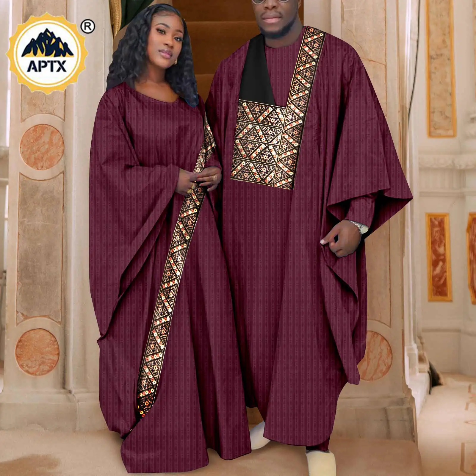 

African Matching Outfit for Couples Bazin Riche Men Shirt Pants and Robes Muslim Sets Dashiki Women Long Dress Kaftan Y23C034