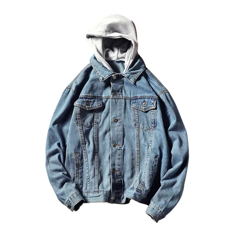 

Мужские джинсовые пальто, куртки, пальто с капюшоном, повседневная свободная верхняя одежда, однобортная простая куртка с отложным воротником и длинными рукавами, новинка зимы