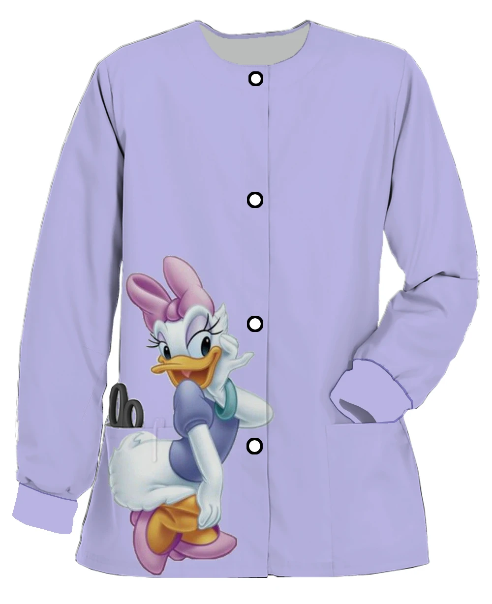 Disney Donald Duck Ladies Pocket Long Sleeve Round Neck Scrub Jacket Printed Dental Pet Shop Nurse Nursing Worker Nurse Coat