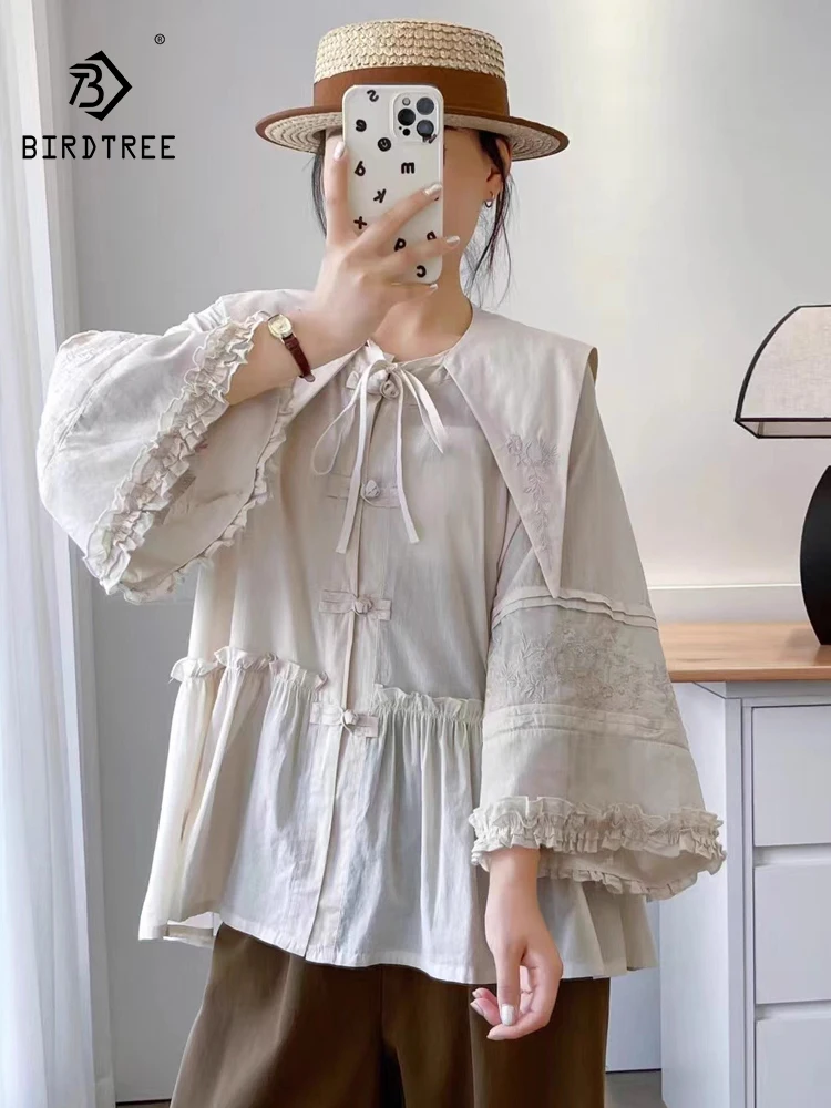 Nuova camicia a maniche lunghe in cotone autunno 20225, ricamo colletto alla marinara da donna, camicetta allentata casual con volant retrò Mori Girl T58455CC