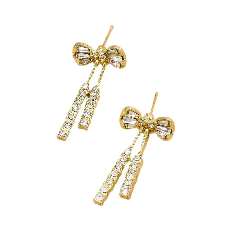 Gold-Color Shiny Bow Dangle Earrings For Women Exquisite Dainty Rhinestone Bow Copper Earrings Jewelry Gift For Friends