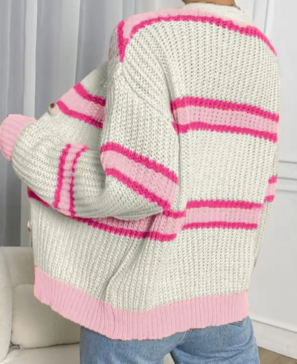 Autumn and winter cardigan sweater loose with striped knitted top lazy coat women