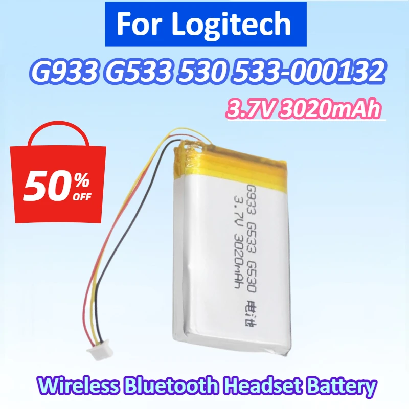 Newest 3.7V 3020mAh Rechargeable Wireless Bluetooth Headset Battery for Logitech G933 G533 530 533-000132 Replacement Battery