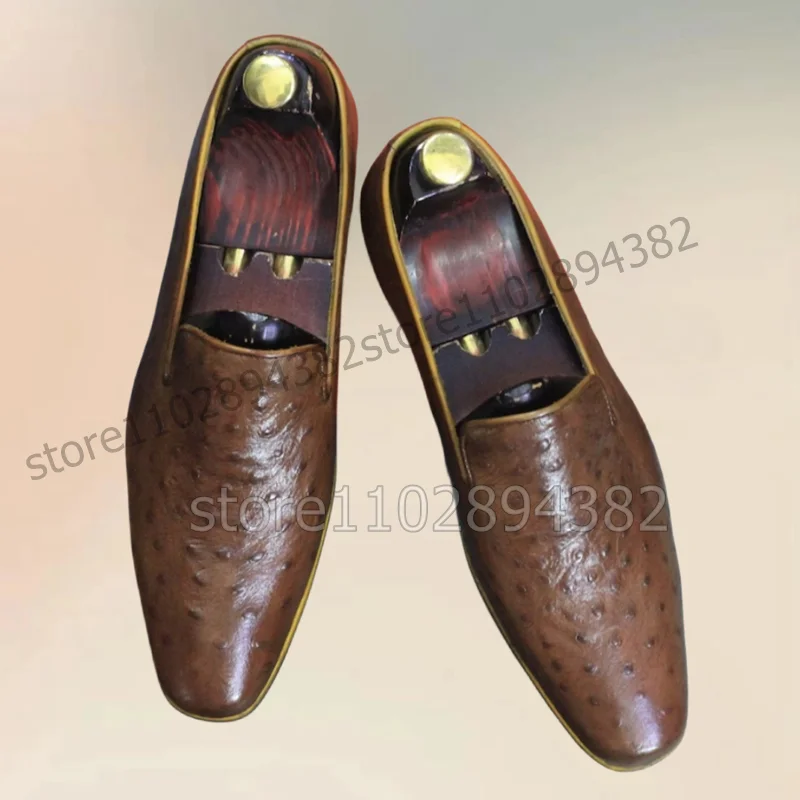 Brown Ostrich Print Low Top Men Loafers Fashion Slip On Men Shoes Luxury Comfort Handmade Party Banquet Office Men Dress Shoes