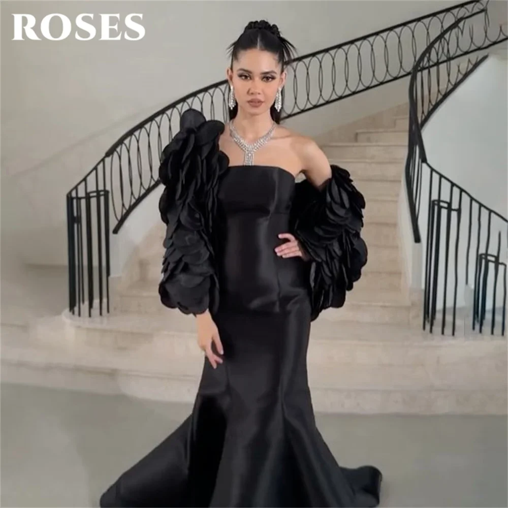 

ROSES Black Evening Dress Strapless Prom Dress with Shawl Party Dress for Women Mermaid Satin Celebrity Gala Dress Customized