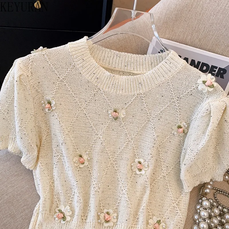 2024 New Summer Sweet 3D Flower Bubble Short Sleeve Sweater Women\'s Knitted T-shirt Vintage Pullover Knitwear Tops Female Tees