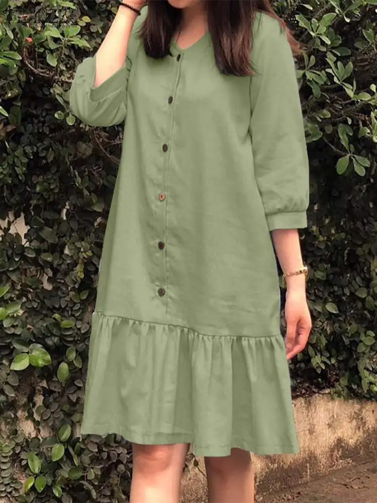 ZANZEA 2024 Summer V Neck Ruffled Hem Robe Women 3/4 Sleeve Short Dress Casual Loose Buttons Dresses Fashion Stitching Vestidos