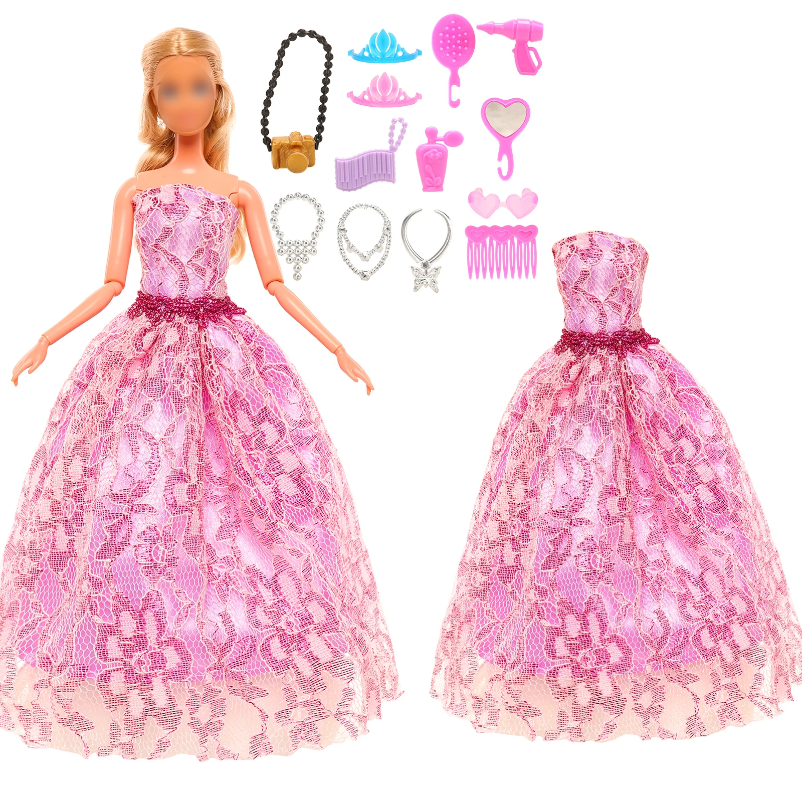 Barwa 14 Pcs 1 Doll Clothes Lace Wedding Gown with 13 Accessories Necklaces Perfume Mini Camera Crown Bag Comb Glasses Mirror