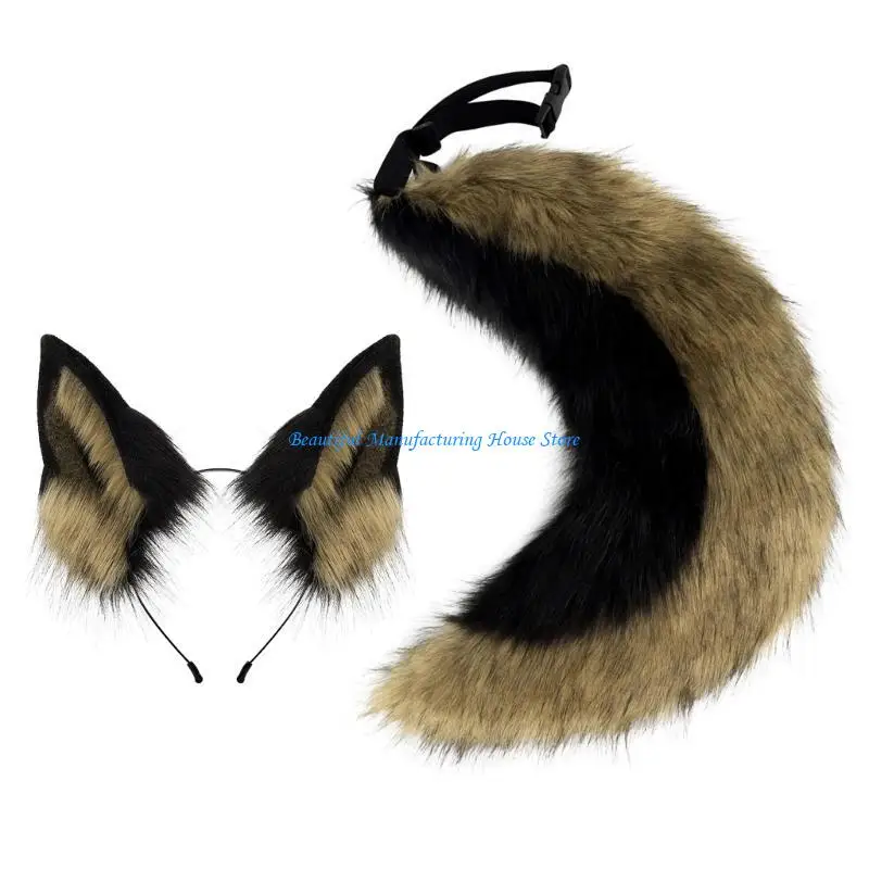 e56aハロウィーンウルフドッグコスチュームアクセサリーウルフドッグドレスアップコスチューム動物耳ヘッドバンド、テール、ガールコスプレハロウィーン