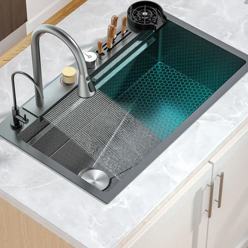 

Сотовая раковина с тиснением, летающий дождь, водопад, раковина из нержавеющей стали, умывальник для овощей, кухня