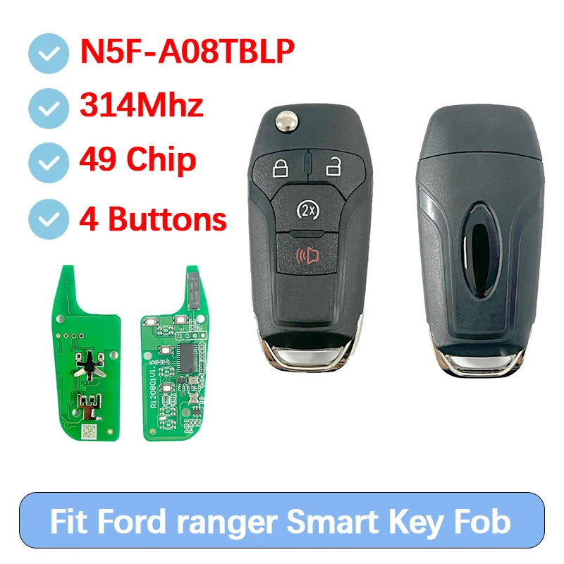 

CN018154 Запасной 4-кнопочный смарт-ключ с функцией бесконтактного запуска, чипом FCC N5F-A08TBLP 49, частотой 314 МГц для Ford Ranger
