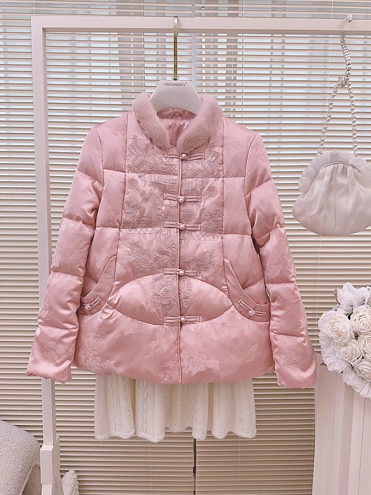 

Женское стеганое пальто из натурального шелка с вышивкой, удлиненное, свободного кроя, белое, с наполнителем из 90% перьев