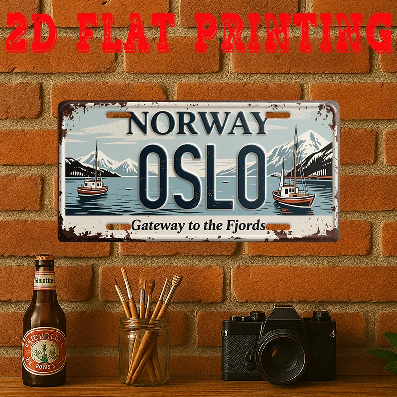 2D Flat, 2D Flat - 2D Printed Sign, 1pc, Vintage Metal Aluminum Sign, Decorative Plaque and Signboard, Oslo City Sign, Fjord