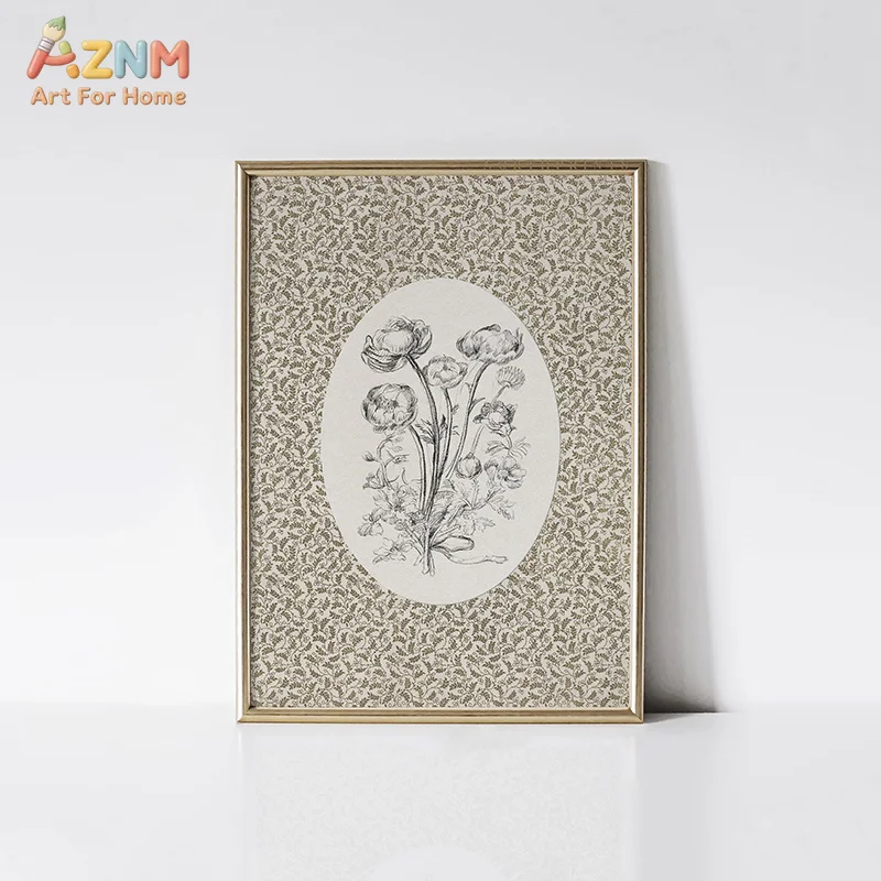 AZNM Vintage Olive Green Floral Canvas Wall Art Antique Sketch Ranunculus Flower Intricate Leaf Pattern Neutral Farmhouse Living