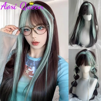 Braun Schwarz Hervorgehobene Mintgrüne Lange Gerade Perücke Für Frauen Natürliches Haar Synthetische Lolita Perücke Tägliches Rollenspiel Hitzebeständig