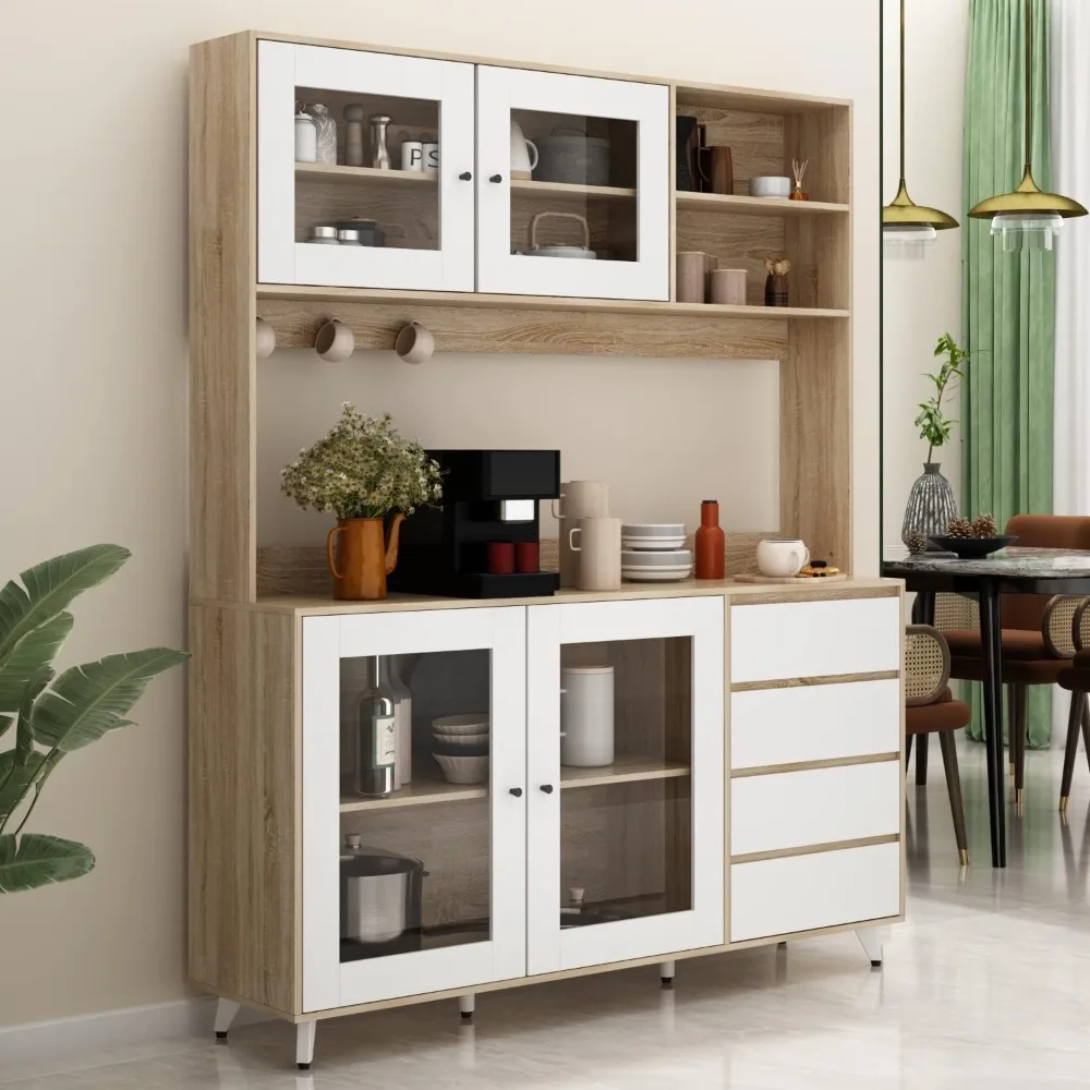 Sideboard with Glass Doors, Shelves & Drawers, Sideboard Buffet Cabinet, Wood Kitchen Cupboard with Hutch, Walnut and White