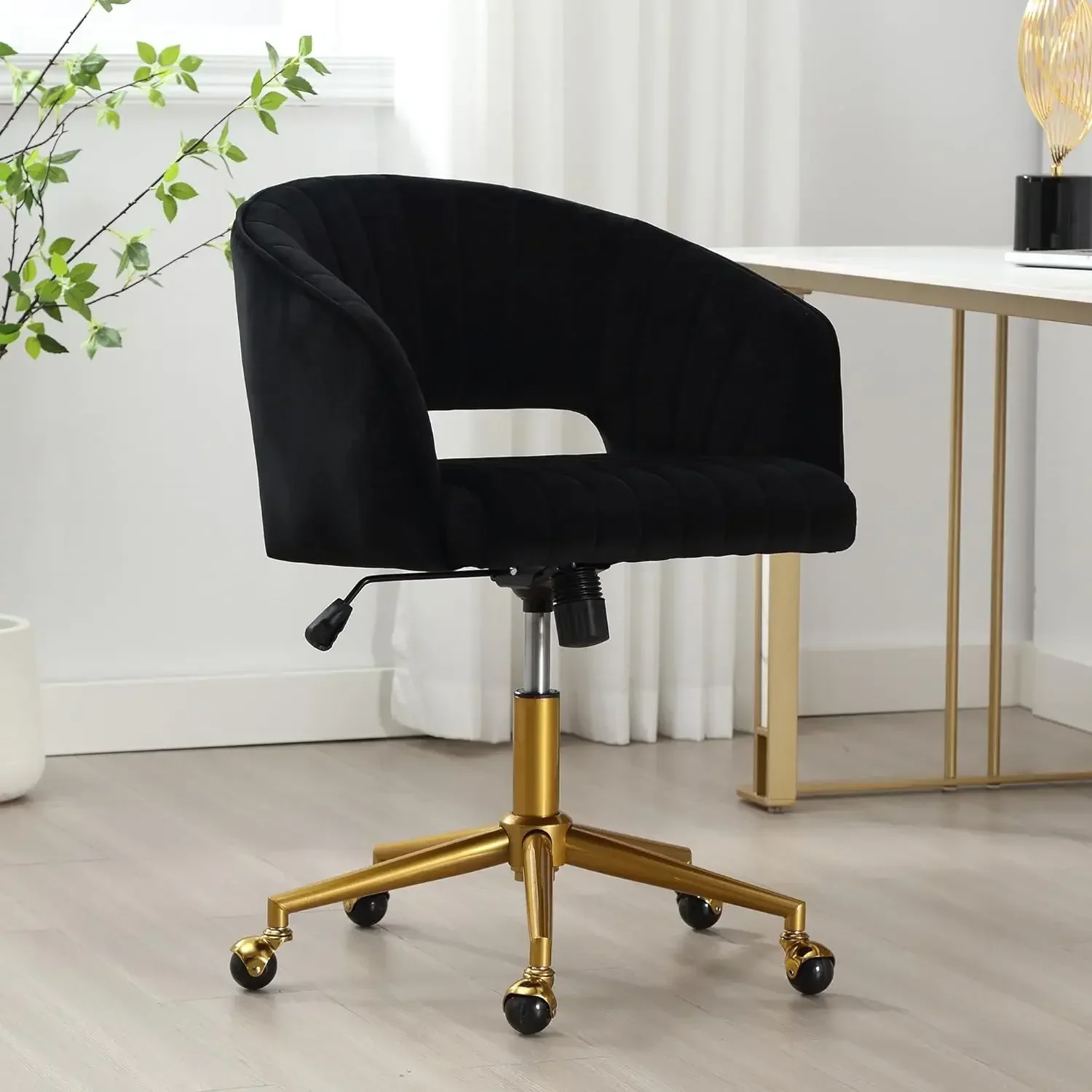 Desk Chair with Wheels, Velvet Home Office Swivel Armchair Gold Base, Modern Accent Chairs,Back Incline Adjustable,Black