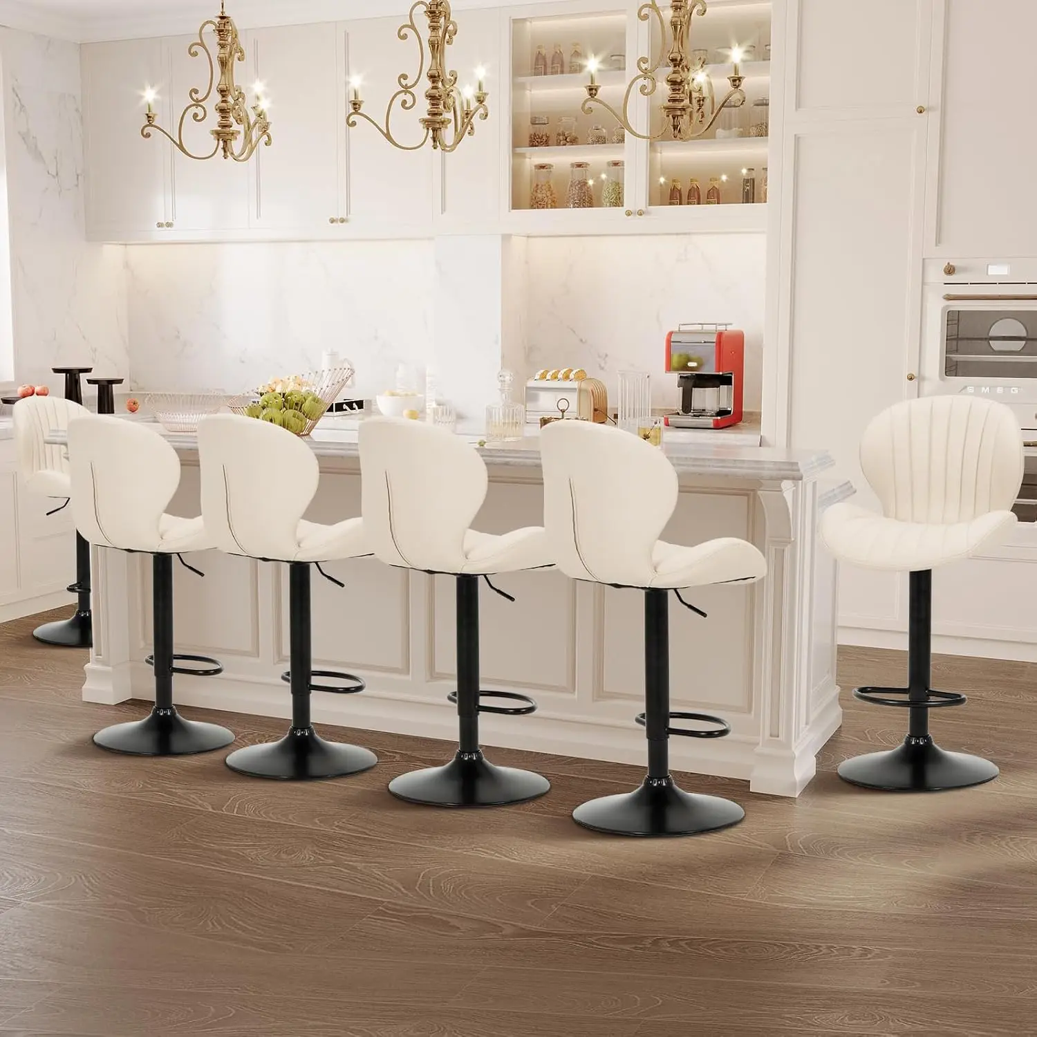 Colamy Bar Stools Set Of 6, Modern Swivel Bar Chairs, Adjustable Faux Leather Upholstered Barstools Counter Height With High