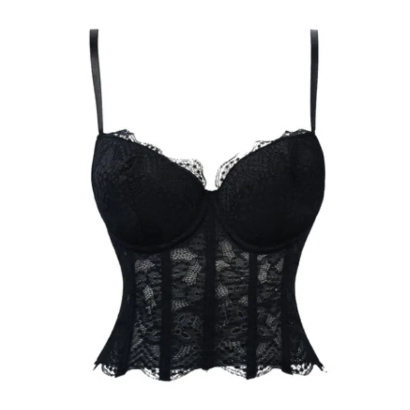 

Corset Lace Fish Bone Bustier Vest Women Sexy Mesh Breathable Crop Top White Strap Lace Bra Lingerie Corselete