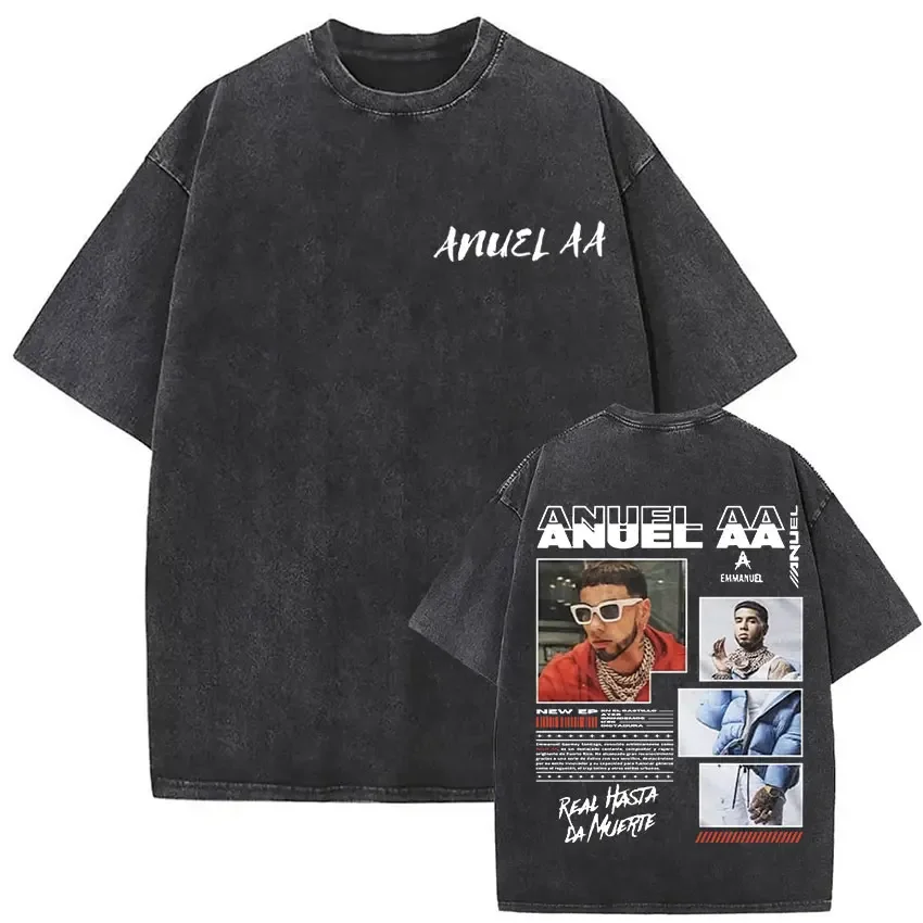 

Rapper Anuel AA Real Hasta La Muerte Washed Vintage T Shirt Men Women Hip Hop Fashion T-shirt Men's Oversized Crewneck T-shirts