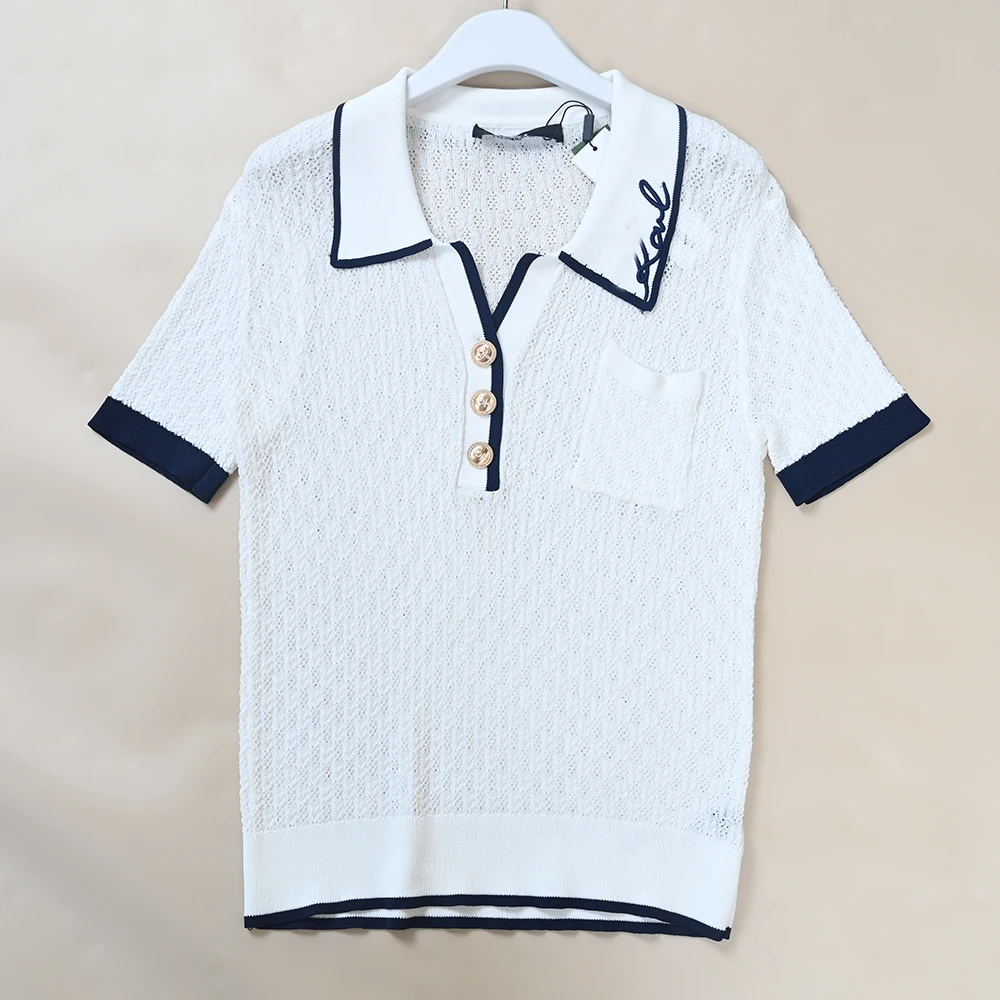

Elegant Summer Knitwear Short Sleeve Embroidered Letter Neck Cutout Women's Fashion Luxury Style Regular Length Casual Fit