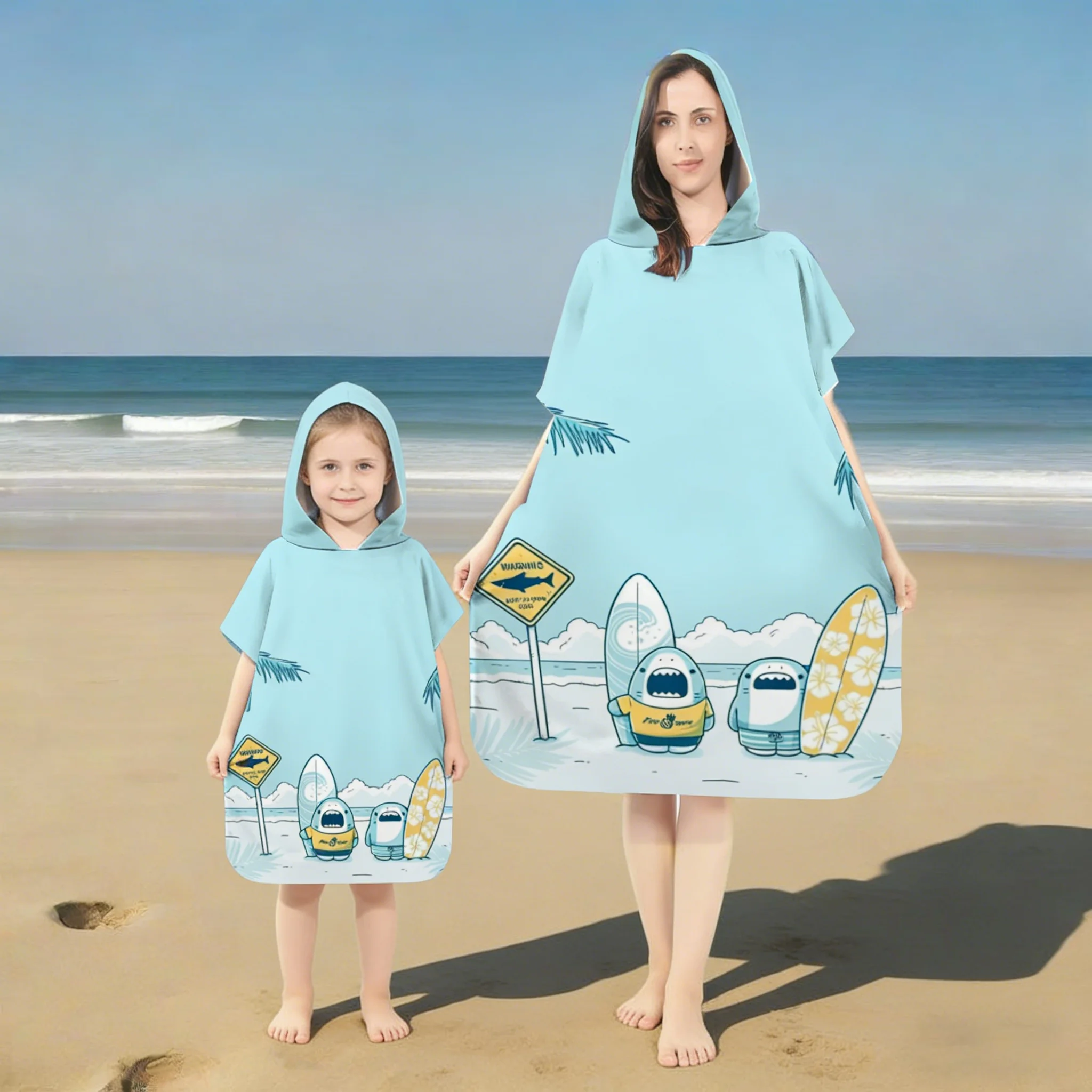 Strandtuch mit Kapuze und niedlicher Haifischfamilie, klassischer Aufdruck, Unisex, sehr saugfähig, sandabweisend, leicht, tragbar, für Badezimmer und Strand