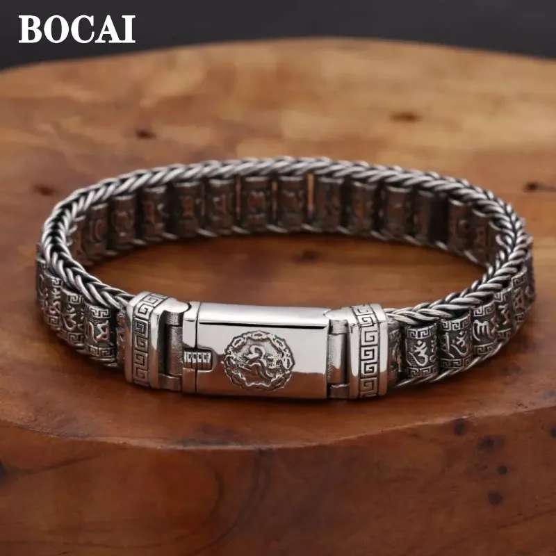 

BOCAI New 100% Real S925 Silver Jewelry Hand-Woven Six-Character Mantra Roller Rotatable Retro Personality Man Bracele