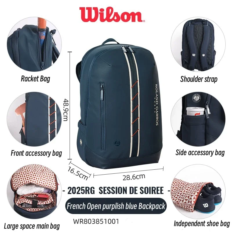 2025 Wilson Bolsa de tênis francesa aberta co-branded multifuncional mochila de tênis profissional de grande capacidade máx. para 2 raquetes