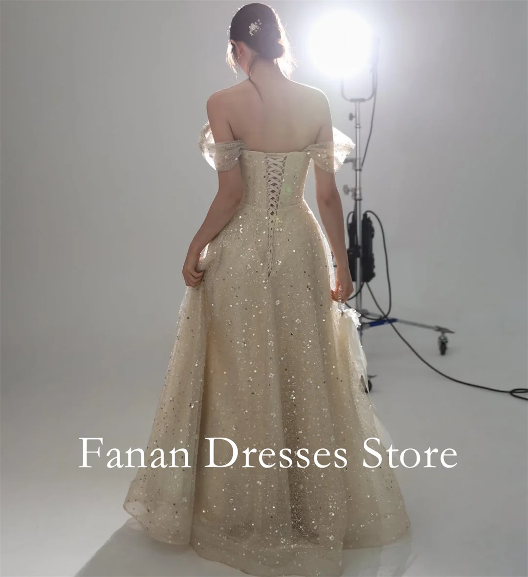 FANAN Strapless Glamorous Champagne Off‑the‑Shoulder Puff Sleeve Sequin Evening Dresses Tulle Floor‑Length Prom Gown