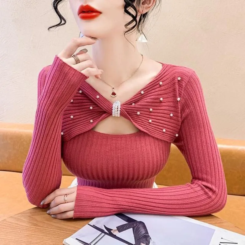 Nail Bead Bow Sweater Women's 2024 New Spring and Autumn Fashion Hollow Long Sleeved Autumn and Winter Base Sweater