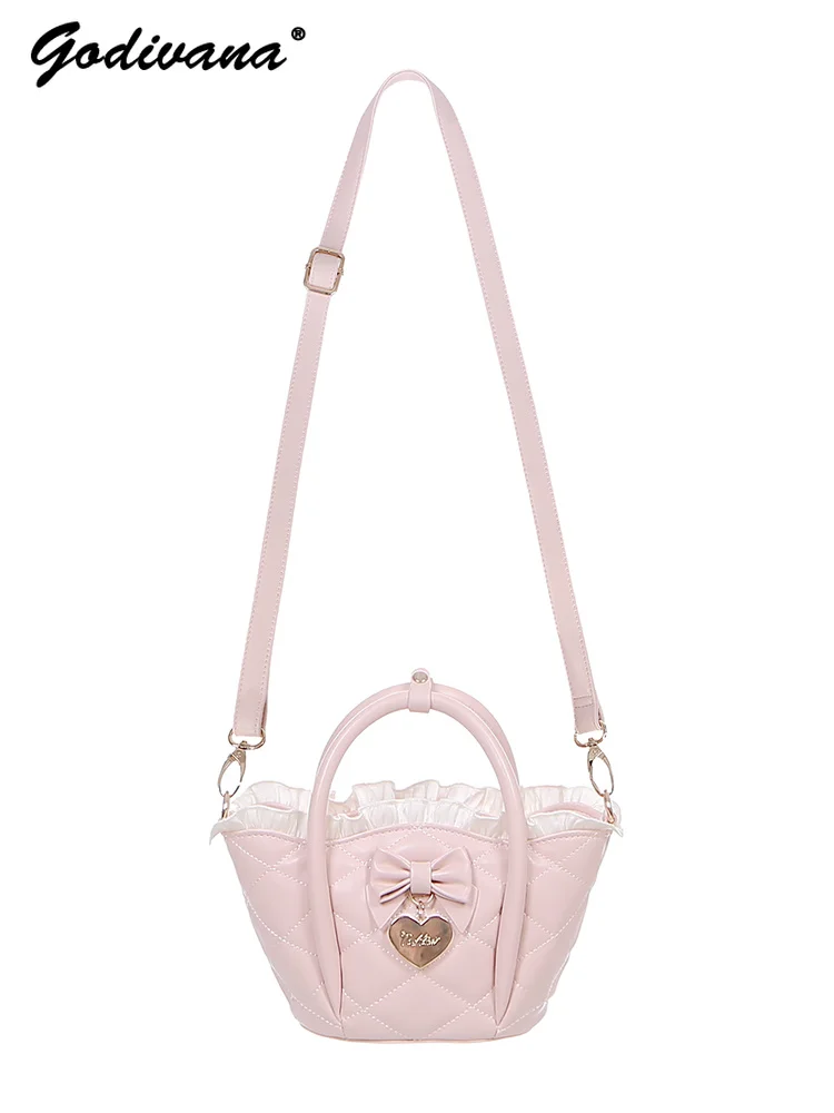 Elegant Diamond Petal Bag Sweet Girl Women's Lolita Handbag Cute Bowknot Portable Crossbody Shoulder Bags