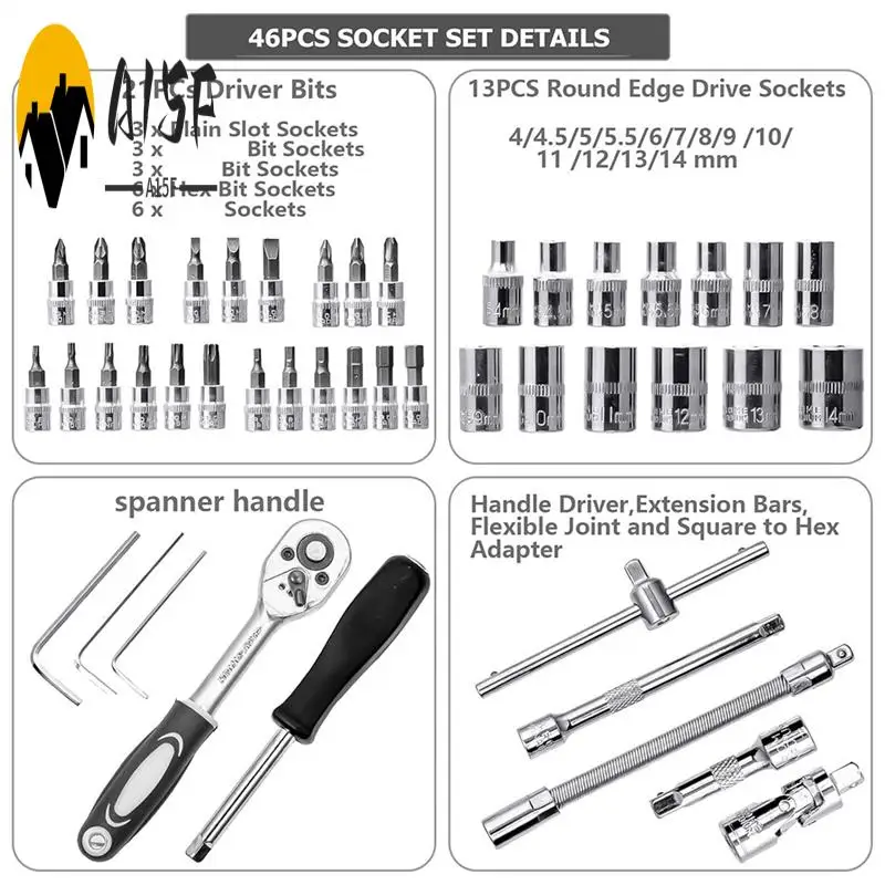 

A15F-46PCS Drive Socket Set,Metric Ratchet Wrench Set With CR-V Sockets,S2 Bits,Mechanic Tool Kits For Household Auto Repair