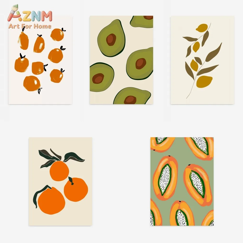 AZNM Minimalist Hand Drawn Fruit Canvas Poster, Frameless Avocado Orange Papaya Botanical Print Wall Art For Fresh Aesthetic Kit