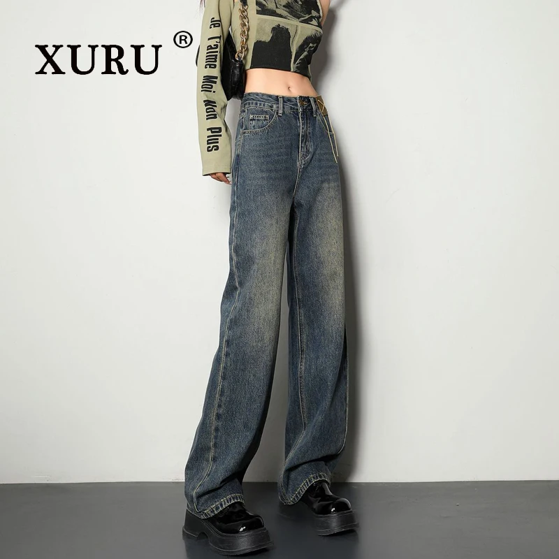 XURU-Retro Blue Wide Leg Jeans for Women, Fashionable Nostalgic Loose Straight Leg Pants, Premium Punk Jeans, N11-3057