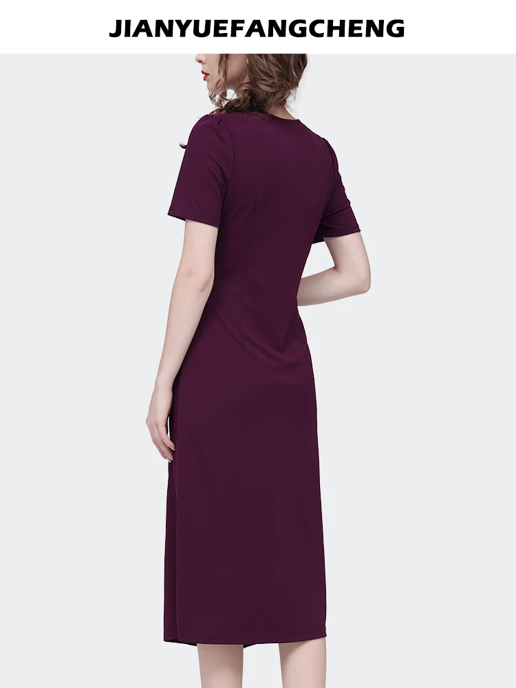 Elegant Fashion Women\' Summer Embroidered Short Sleeve V-neck Purple Dress Sexy Ladylike Cinched Waist Knee-length Wrap Dresses