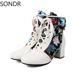 Womens Ethnic Embroidery Victorian Ankle Boots Floral Block Heel Lace Up Shoes Warm Winter Plus Big Size 46 47 48