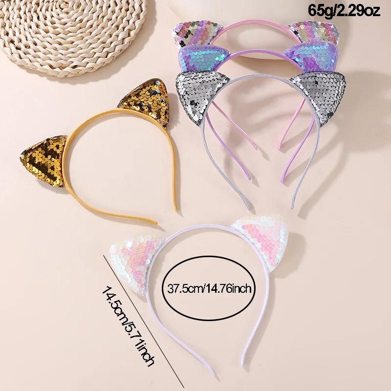 5pcs/set Daily Sweet Cat Ear Headband – Shiny Sequins & Cute Cartoon Design for an Easy, Playful Look.