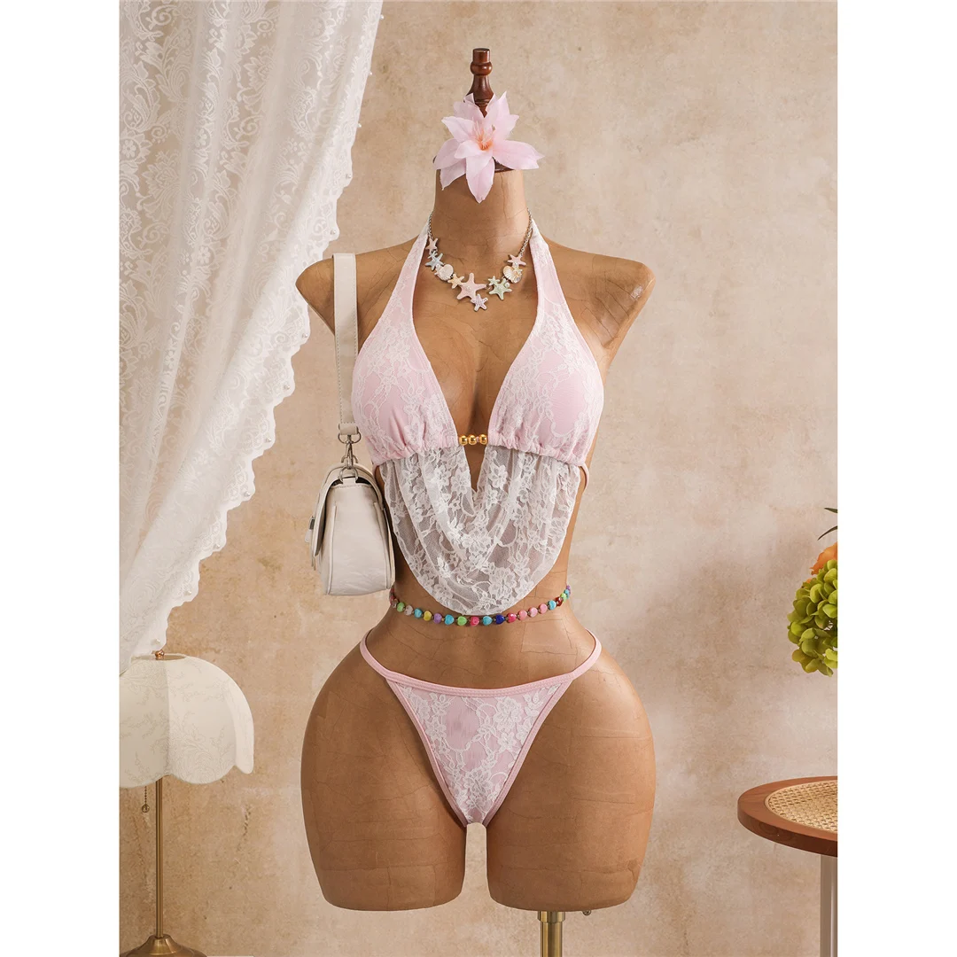 Mit Rock, Spitze, Neckholder-Bikini, Damen-Badeanzug, Damen-Bademode, dreiteiliges Bikini-Set, hoch geschnittene Beine, Badeanzug, Badebekleidung, Schwimmbekleidung V8418 – Detail 13