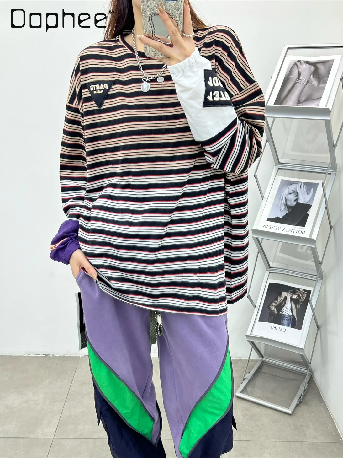 

2024 Autumn New Korean Loose Gradient Color Top Women's Clothing Contrasting Color Splicing Oversized Striped T-shirt Female