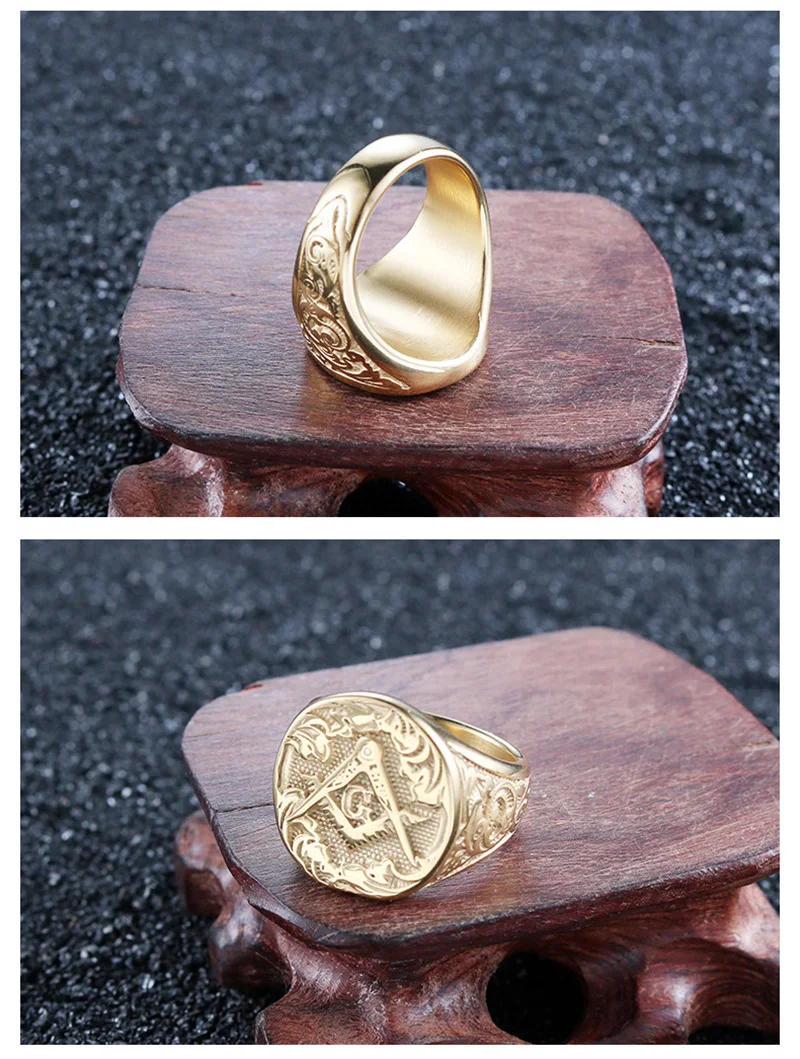 Punk Rock Titanium Stainless Steel Masonic Freemasonry AG Round Finger Rings for Men Jewelry Gold Silver Color Size 8-13 view 5