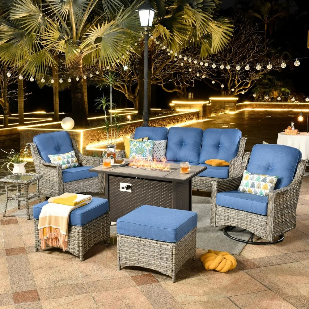 

Outdoor 7 Piece Patio Furniture with Fire Pit Table,Wicker Set with Swivel Rocking Chair,Comfy Sectional Deep Sofa with Ottoman