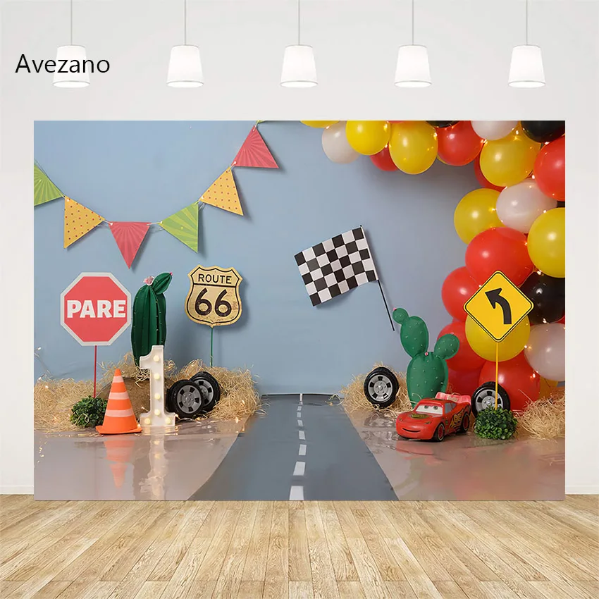 

Avezano Backdrop Route 66 Pare Car Racing Cactus Flag Boy 1st Birthday Portrait Decor Photography Background Photo Studio Props